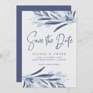 Save The Date Élégant Feuille bleu gris Mariage botanique