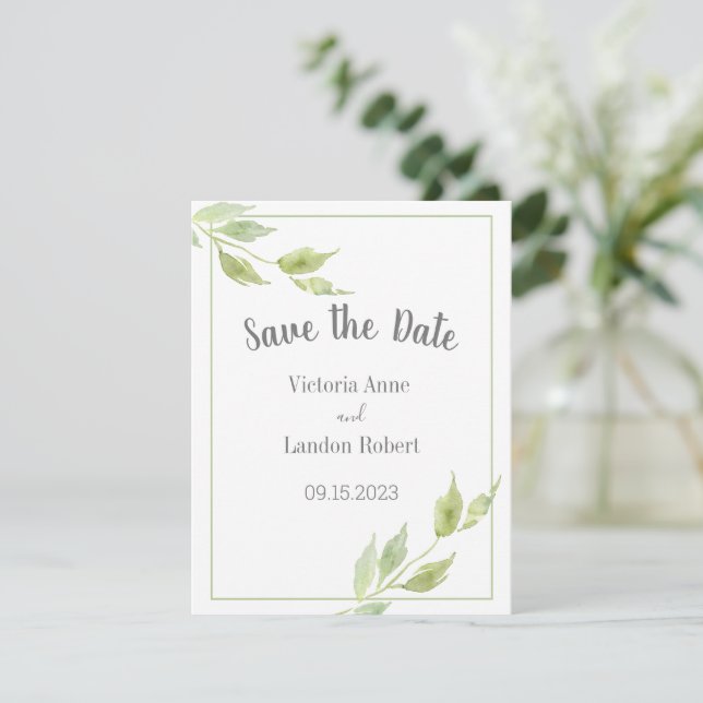 Save The Date Elégant Feuille Mariage d'aquarelle (Debout devant)