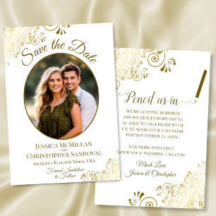 Save The Date Élégant Filigrane Doré sur Photo de Mariage Ovale