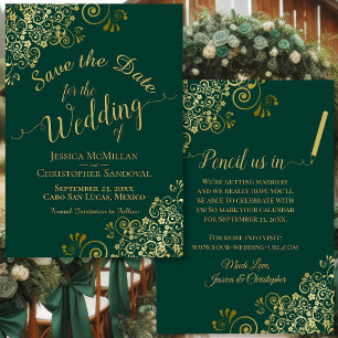 Save The Date Élégant Filigree Or Fancy Mariage vert émeraude