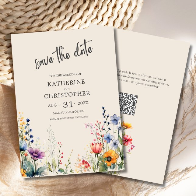 Save The Date Elégant Fleur sauvage coloré Mariage beige (Colorful Wildflowers Elegant Beige Wedding Save the Date with purple, orange, red flowers, qr code.
)