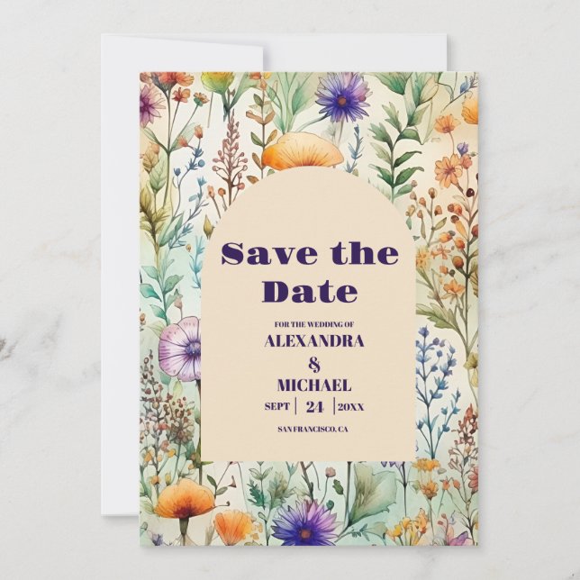 Save The Date Elégant Fleur sauvage d'aquarelle Mariage (Devant)