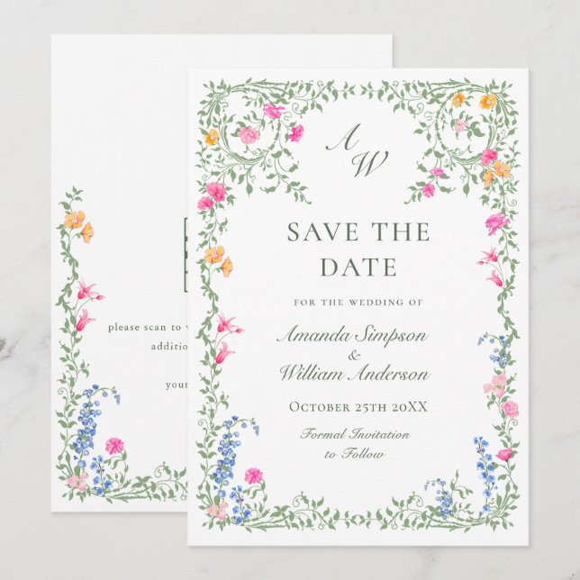 Save The Date Elégant Fleur sauvage d'aquarelle Meadow (Devant / Derrière)