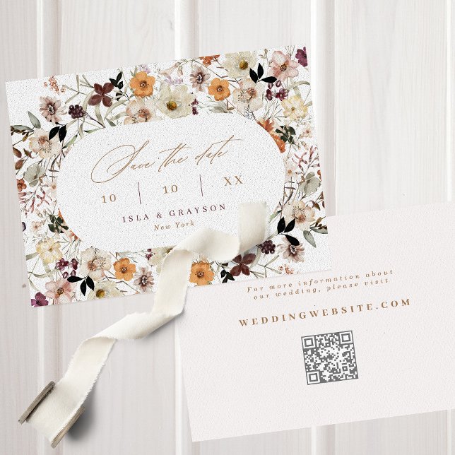 Save The Date Élégant Fleur sauvage de script Automne QR Code Ma (Créateur téléchargé)