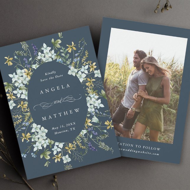 Save The Date Élégant Fleur sauvage Oval Frame Mariage Photo Mar (Créateur téléchargé)