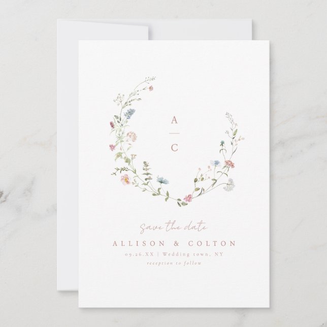 Save The Date Élégant Fleur sauvage Rustic Boho Mariage monogram (Devant)