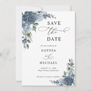 Save The Date Élégant Fleurs Bleu Poussière Enregistrer la Date
