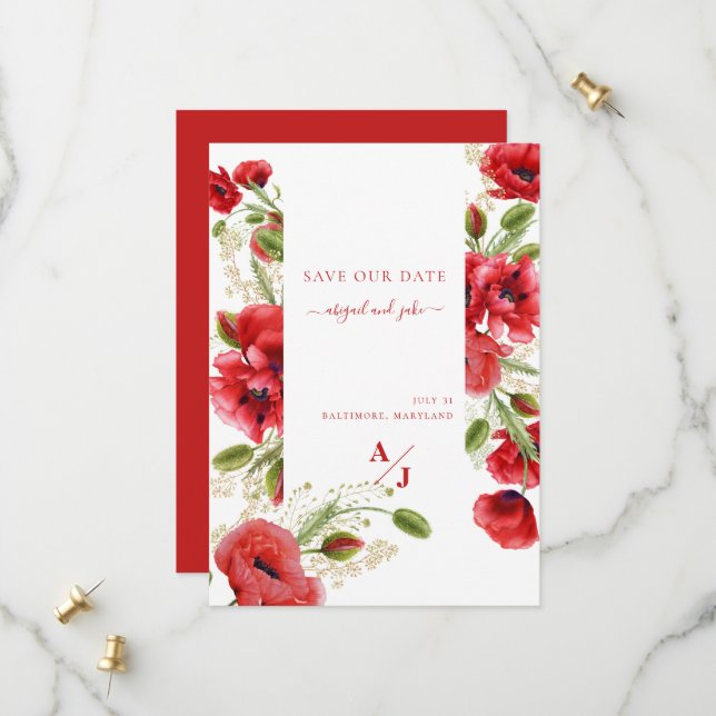Save The Date Élégant floral de pavot rouge (Devant/Arrière en situation)