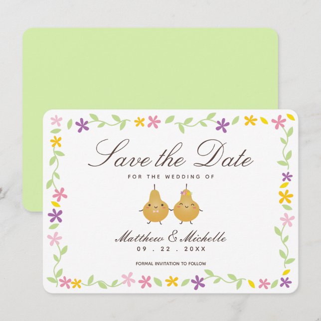 Save The Date Élégant floral et parfait poire Couple mignonne Ma (Devant / Derrière)