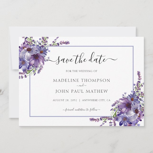 Save The Date Élégant Floral Purple Lavender Peonies Mariage (Devant)