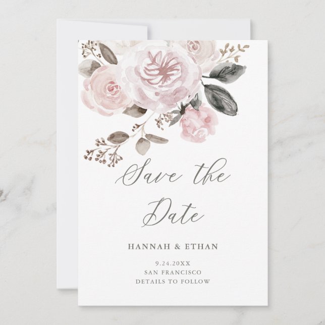 Save The Date Élégant floral rose pâle | Photo aquarelle (Devant)