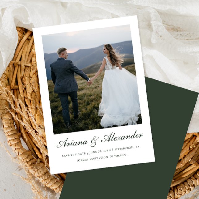 Save The Date Élégant Forest Green Script Mariage photo (Créateur téléchargé)