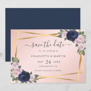 Save The Date Elégant Geo Navy Blue Blush Gold Botanical Mariage