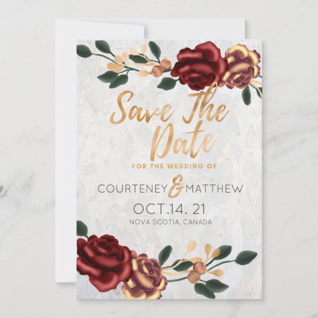 Save the Date - Elegant Gold and Red Roses Invitation (Front)