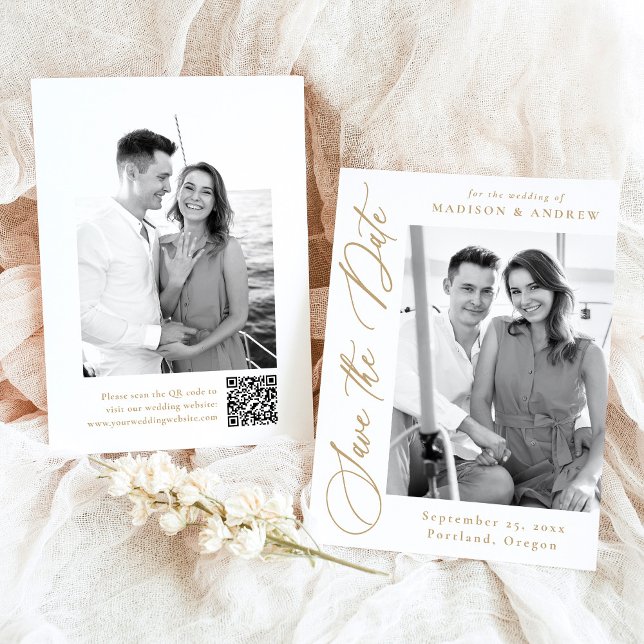Save The Date Elegant Gold Calligraphy 2 Photo QR Code Mariage (Créateur téléchargé)
