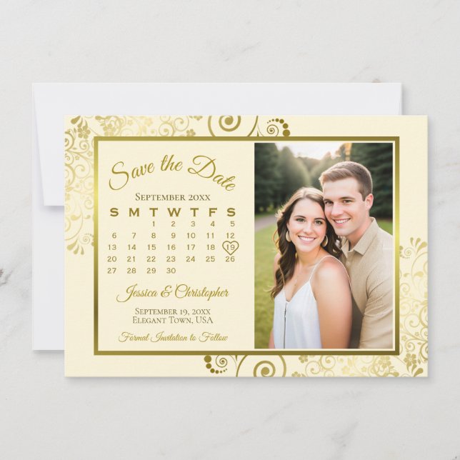 Save The Date Elegant Gold & Cream Calendrier & Mariage photo (Devant)