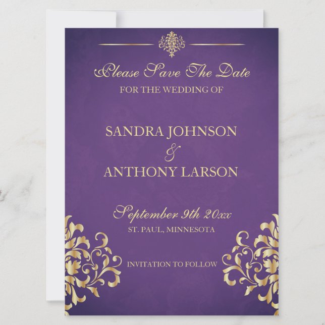 Save The Date Elegant Gold et Purple Damask Enregistrer la date (Devant)