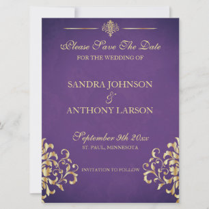 Save The Date Elegant Gold et Purple Damask Enregistrer la date