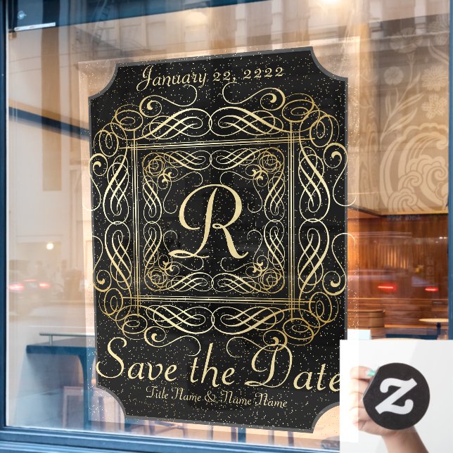 Save the Date Elegant Gold Foil Dots Look Script 1 Window Cling (Cafe Window)