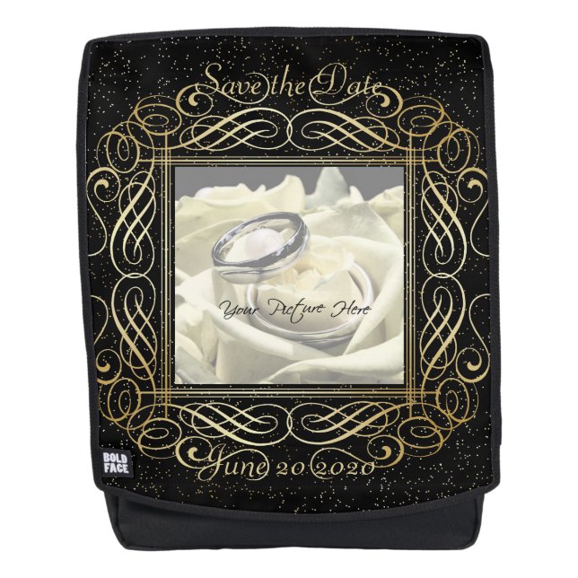 Save the Date Elegant Gold Foil Dots Look Script Backpack (Front)