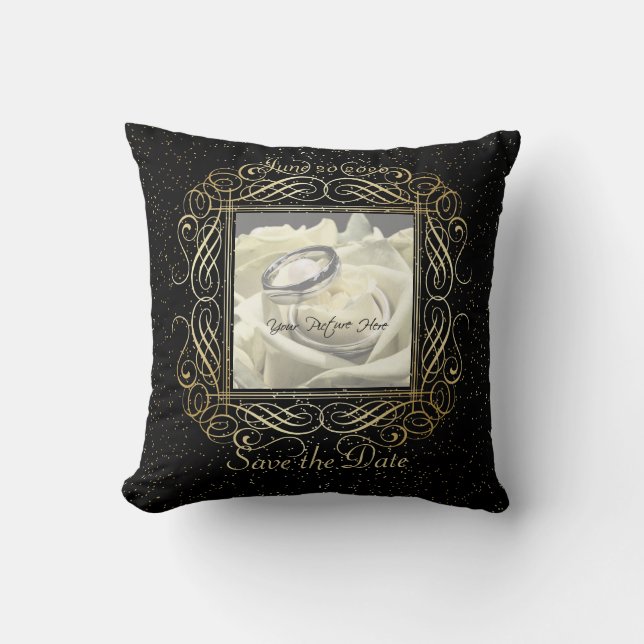 Save the Date Elegant Gold Foil Dots Look Script Throw Pillow (Front)