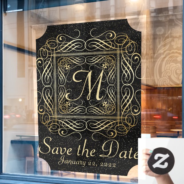 Save the Date Elegant Gold Foil Dots Look Script Window Cling (Cafe Window)