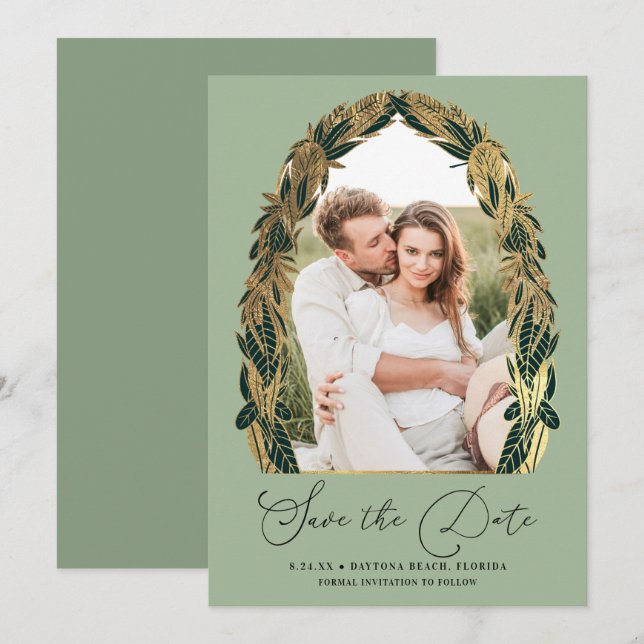 Save The Date Elégant Gold Sage Vert verdure Feuille Mariage (Devant / Derrière)