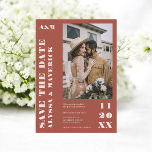 Save The Date Élégant Gras simple terre cuite 2 photos mariage