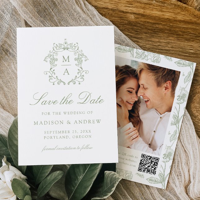 Save The Date Elegant Green Chinoiserie Floral QR Code Wedding (Créateur téléchargé)