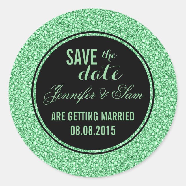 Save The Date-Elegant Green Glitter Classic Round Sticker (Front)