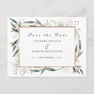 Save The Date elegant green leaf gold Postcard