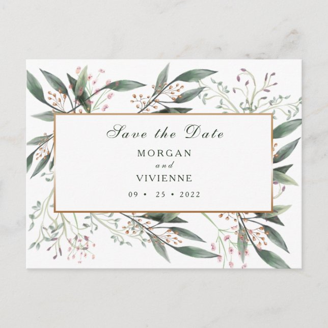 Save The Date elegant green leaf gold Postcard (Front)