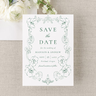 Save The Date Elegant Green Ornate Floral Frame Wedding