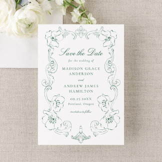 Save The Date Elegant Green Ornate Floral Frame Wedding