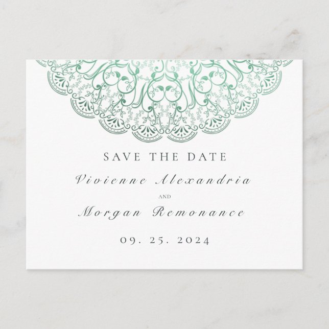 Save the Date elegant green white mandala Postcard (Front)