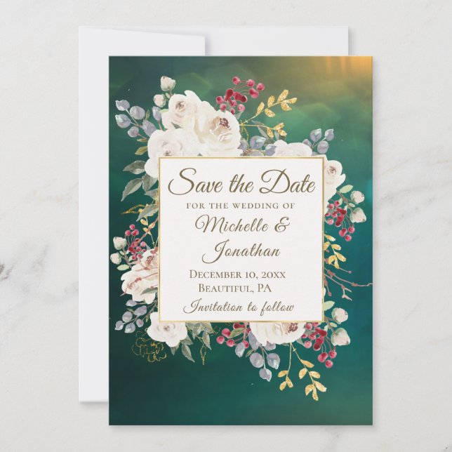 Save The Date Élégant Hiver Blanc Rose Floral Vert Arrière - pla (Devant)