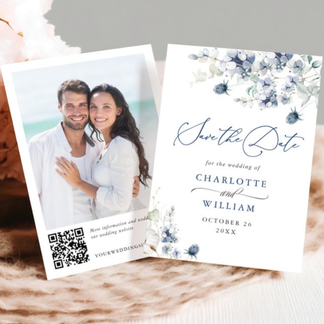Save The Date Elégant Hiver Blue Foliage Boho Mariage QR code (Créateur téléchargé)