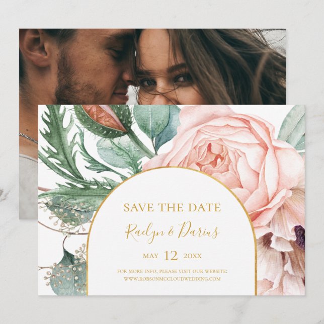 Save The Date Elégant Jardin Floral Blush | Enregistrement horiz (Devant / Derrière)
