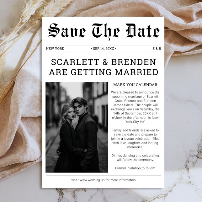 Save The Date Élégant journal Mariage noir et blanc Photo (Créateur téléchargé)