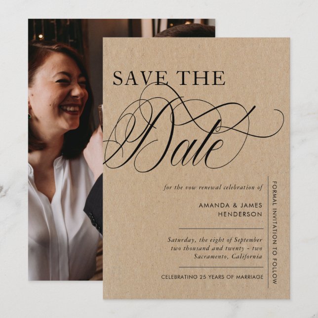 Save The Date Elégant Kraft Texture Photo Vow Renouvellement (Devant / Derrière)