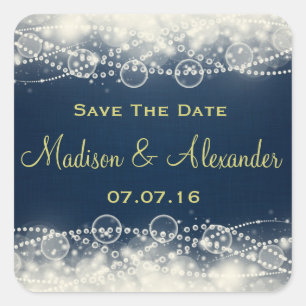 Save The Date Elegant Lace and Pearls on Dark Blue Square Sticker