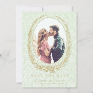 Save The Date Elegant Laurel Wreath   Photo Green Damask
