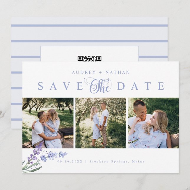 Save The Date Élégant Lavender Flower 3 Photo QR Code (Devant / Derrière)