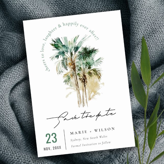 Save The Date Élégant lettrage de palmiers à l'aquarelle tropica (Créateur téléchargé)