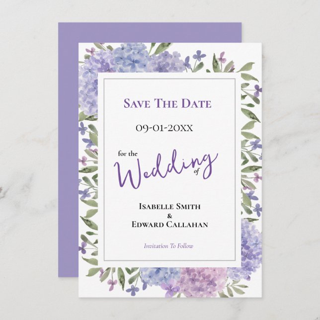 Save The Date Élégant Lilac & Dusty Blue Hydrangeas Mariage (Devant / Derrière)