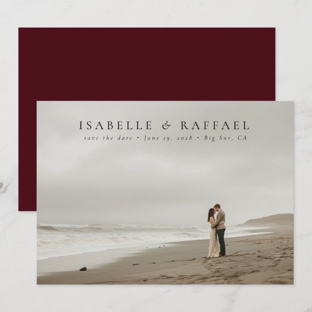 Save The Date Elégant Luxueux Photo Maroon Mariage rouge (Devant / Derrière)