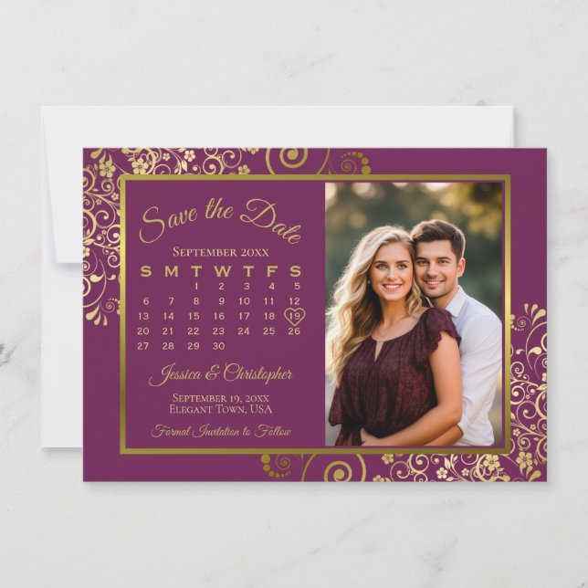 Save The Date Élégant Magenta Plum & Gold Calendar Mariage photo (Devant)