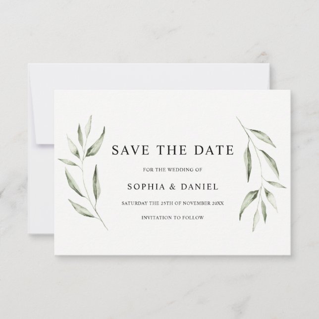 Save The Date Élégant mariage à l'aquarelle feuille verte (Devant)