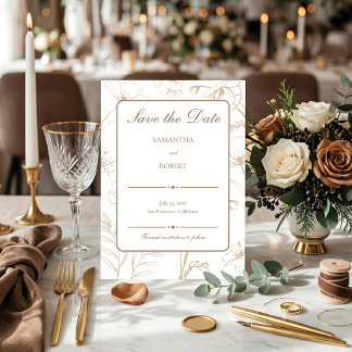 Save The Date Élégant mariage à l'art linéaire floral mocha