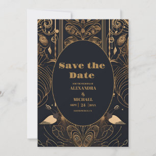 Save The Date Elégant Mariage Art Déco Peacocks
